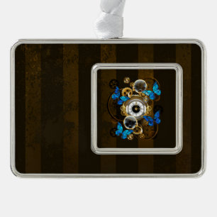 Steampunk Gears en Blue Butterflies Verzilverd Omlijst Ornament