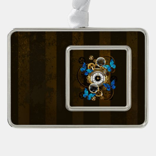 Steampunk Gears en Blue Butterflies Verzilverd Omlijst Ornament (Voorkant)