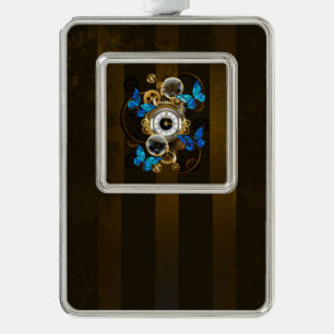 Steampunk Gears en Blue Butterflies Verzilverd Omlijst Ornament