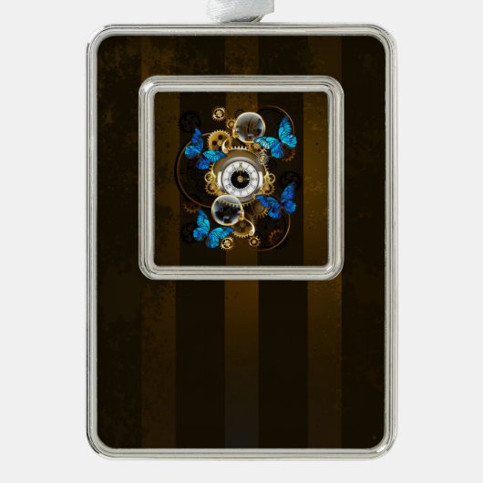 Steampunk Gears en Blue Butterflies Verzilverd Omlijst Ornament (Voorkant)