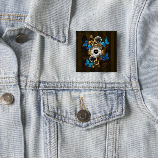 Steampunk Gears en Blue Butterflies Vierkante Button 5,1 Cm (In situ)
