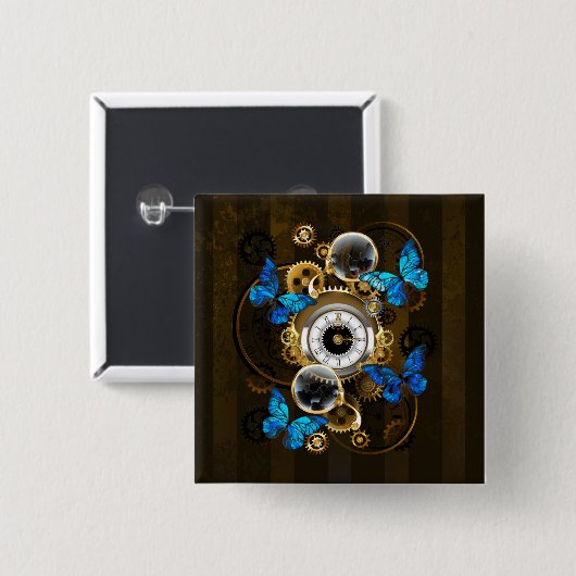 Steampunk Gears en Blue Butterflies Vierkante Button 5,1 Cm (Voorkant /achterkant)