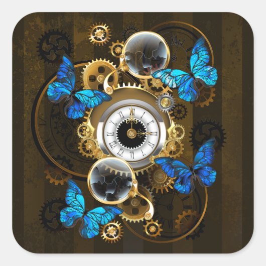 Steampunk Gears en Blue Butterflies Vierkante Sticker (Voorkant)
