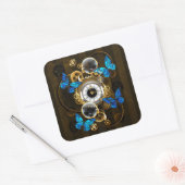 Steampunk Gears en Blue Butterflies Vierkante Sticker (Envelop)