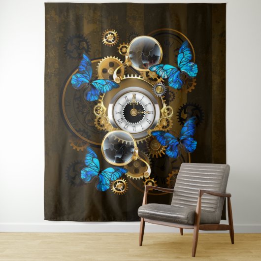 Steampunk Gears en Blue Butterflies Wandkleed (In situ)