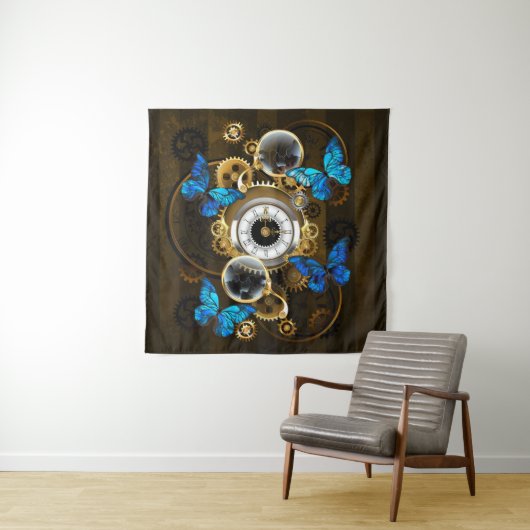 Steampunk Gears en Blue Butterflies Wandkleed (In situ)