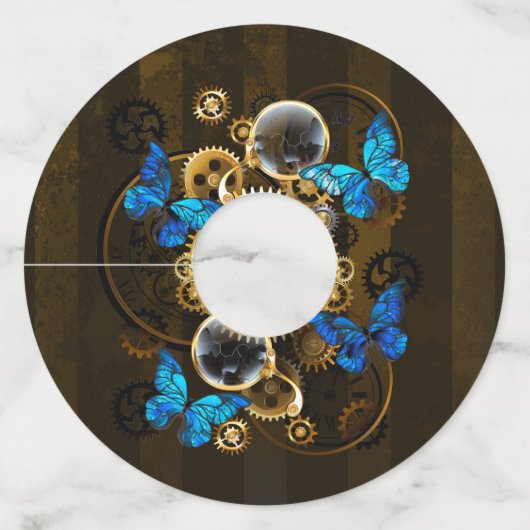 Steampunk Gears en Blue Butterflies Wijnglaslabel (Voorkant)