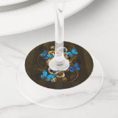 Steampunk Gears en Blue Butterflies Wijnglaslabel (Dichtbij)