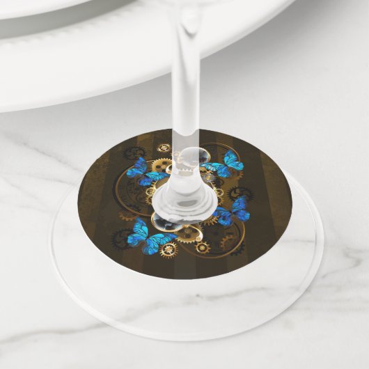 Steampunk Gears en Blue Butterflies Wijnglaslabel (Dichtbij)