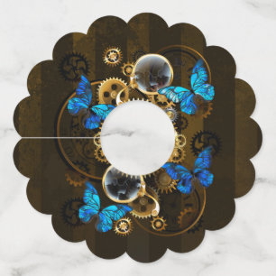 Steampunk Gears en Blue Butterflies Wijnglaslabel