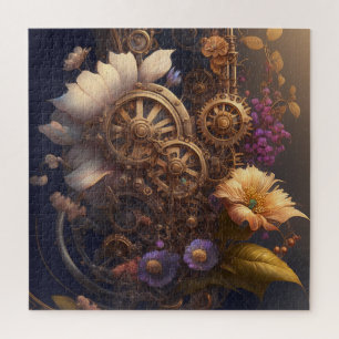 Steampunk Gears en Paarse en witte bloemen Legpuzzel