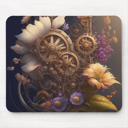 Steampunk Gears en Paarse en witte bloemen Muismat (Voorkant)