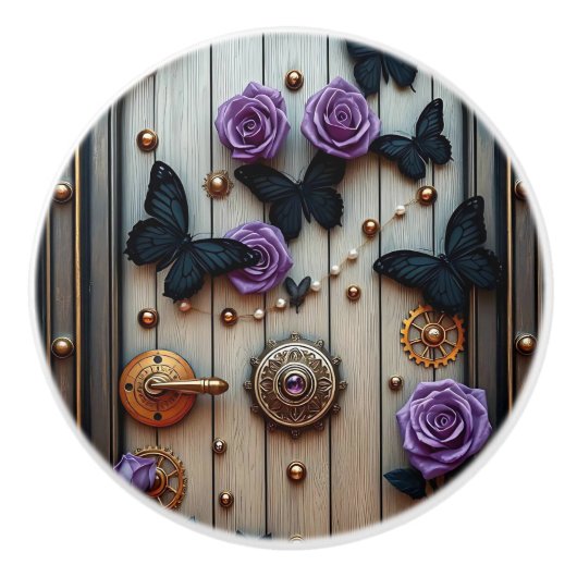 Steampunk Gears, Flowers and Butterflies Keramische Knop (Voorkant)