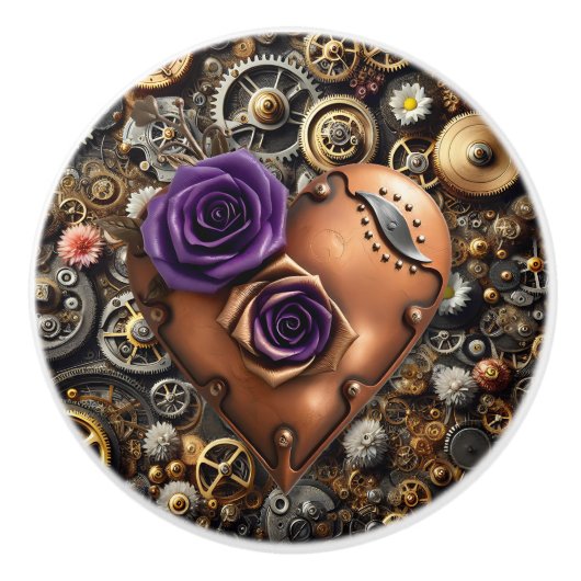 Steampunk Gears, Flowers and Copper Heart Keramische Knop (Voorkant)