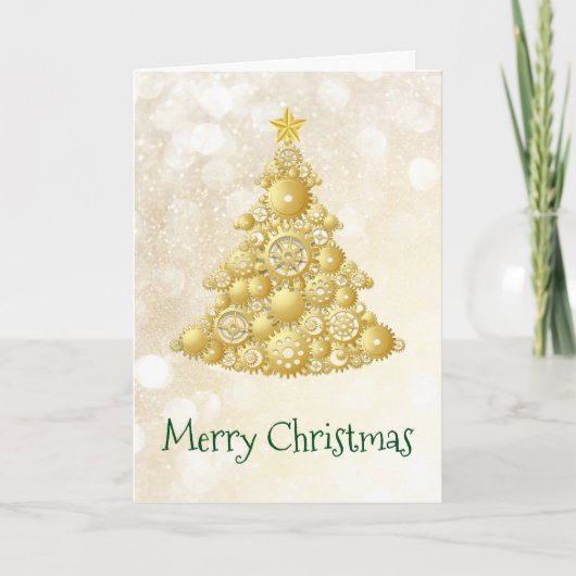 Steampunk Gears Gold Christmas Tree Feestdagen Kaart (Voorkant)