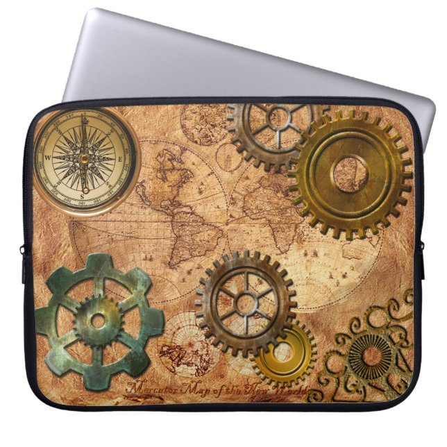 Steampunk Gears, Honden, Brass Compass & Map Theme Laptop Sleeve (Voorkant)