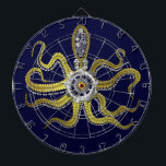 Steampunk Gears Octopus Kraken Dartbord<br><div class="desc">Dit tentacled steampunk-zee monster heeft acht widerachtige gouden aanhangsels, een centrale zilveren versnelling en veel tandwielen en bouten die zijn kop, ogen en zuigbekers vormen. Het is een robotoctopus / kraken, een monster van een metalen machine voor iedereen die van geeky science-fiction / fantasie schepsels houdt. Donkerblauwe achtergrondkleur kan worden...</div>