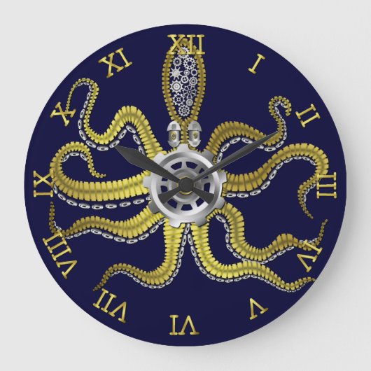 Steampunk Gears Octopus Kraken Nautical Gold Blue Grote Klok (Voorkant)