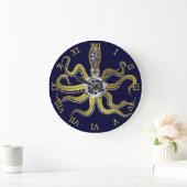 Steampunk Gears Octopus Kraken Nautical Gold Blue Grote Klok (Huis)
