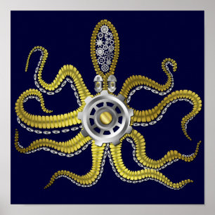 Steampunk Gears Octopus Kraken Poster