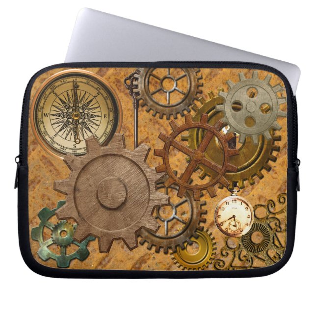 Steampunk Gears op Metal-look Street Bord Design Laptop Sleeve (Voorkant)
