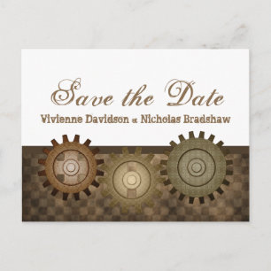 Steampunk Gears Save the Date Briefkaart, Brown Aankondigingskaart
