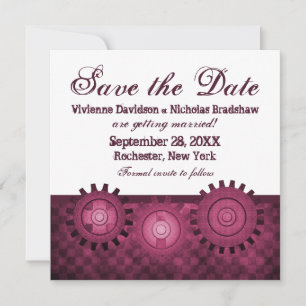 Steampunk Gears Save the Date Invite, Fuchsia Kaart