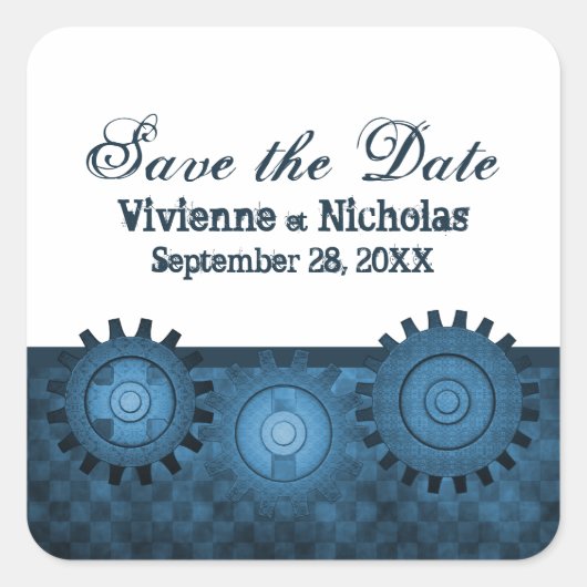 Steampunk Gears Save the Date Stickers, Blue Vierkante Sticker (Voorkant)