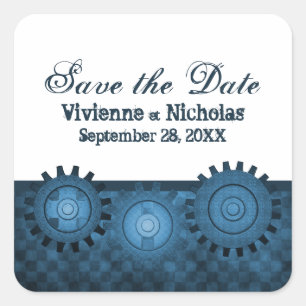Steampunk Gears Save the Date Stickers, Blue Vierkante Sticker