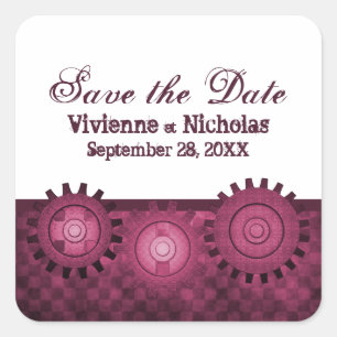 Steampunk Gears Save the Date Stickers, Fuchsia Vierkante Sticker