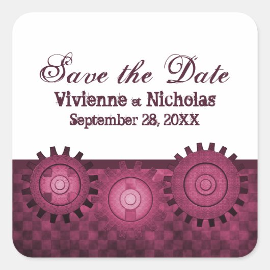 Steampunk Gears Save the Date Stickers, Fuchsia Vierkante Sticker (Voorkant)