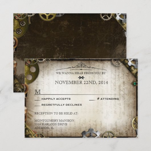Steampunk Gears Victoriaans bruiloft RSVP Reactie Kaartje (Voorkant / Achterkant)