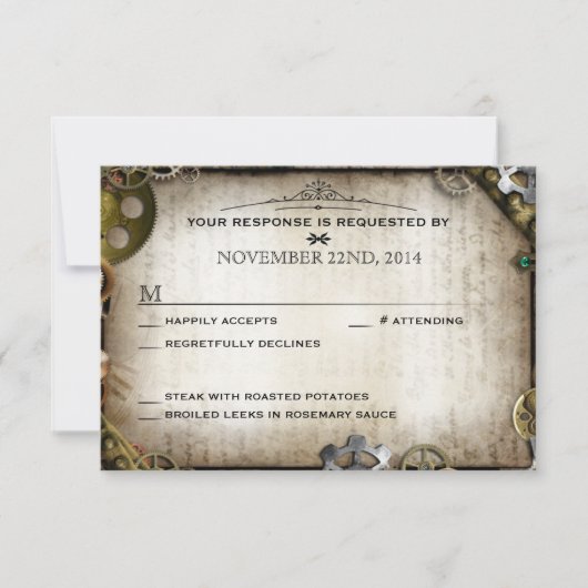 Steampunk Gears Victoriaans bruiloft RSVP Reactie Kaartje (Voorkant)