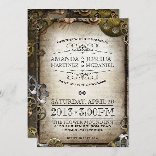 Steampunk Gears Victoriaans bruiloft uitnodigen Kaart (Voorkant / Achterkant)