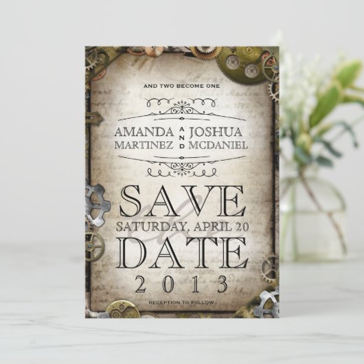 Steampunk Gears Victoriaans Save the Date (Staand voorkant)