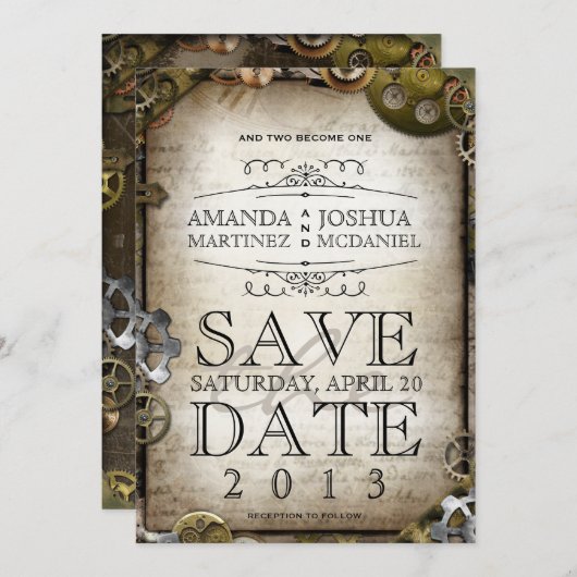 Steampunk Gears Victoriaans Save the Date (Voorkant / Achterkant)