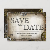 Steampunk Gears Victoriaans Save the Date Briefkaa Aankondigingskaart (Voorkant / Achterkant)