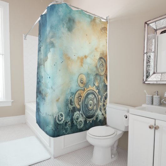 Steampunk Gears Waterverf - Klokwerk Douchegordijn (In situ)