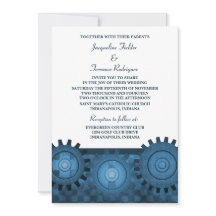 Steampunk Gears Wedding Invite, blauw
