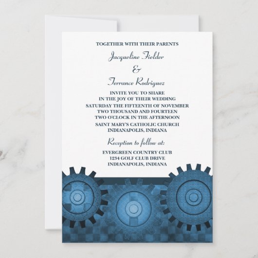 Steampunk Gears Wedding Invite, blauw Kaart (Voorkant)