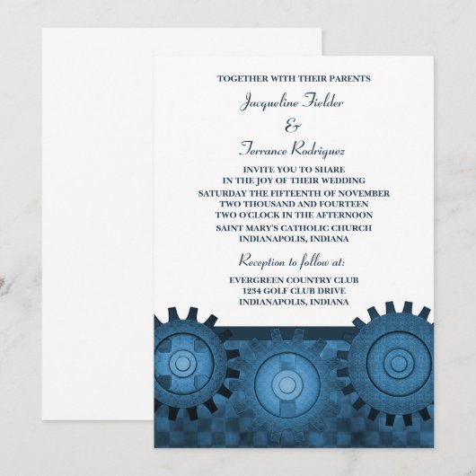 Steampunk Gears Wedding Invite, blauw Kaart (Voorkant / Achterkant)