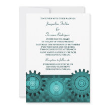 Steampunk Gears Wedding Invite, Blauwgroen