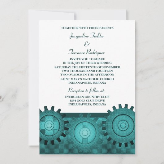 Steampunk Gears Wedding Invite, Blauwgroen Kaart (Voorkant)