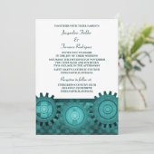 Steampunk Gears Wedding Invite, Blauwgroen Kaart (Staand voorkant)