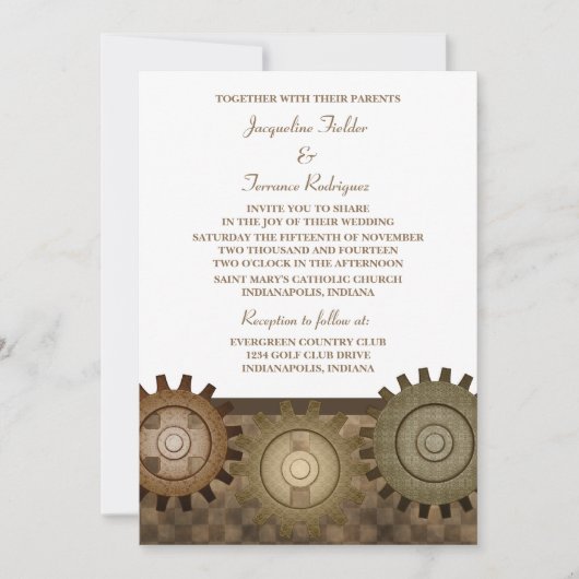 Steampunk Gears Wedding Invite, bruin Kaart (Voorkant)
