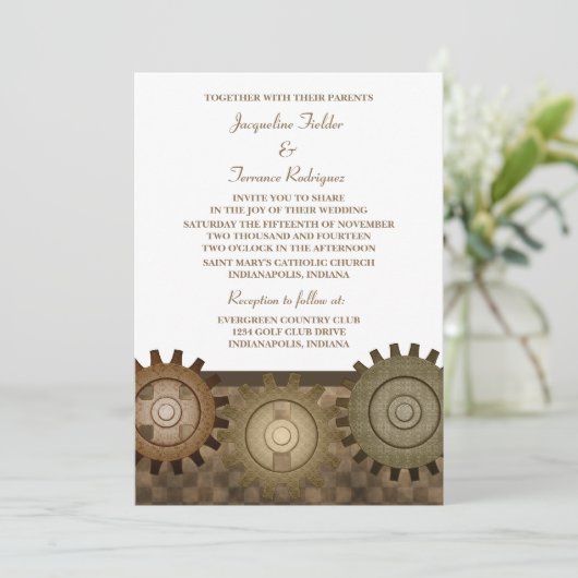 Steampunk Gears Wedding Invite, bruin Kaart (Staand voorkant)