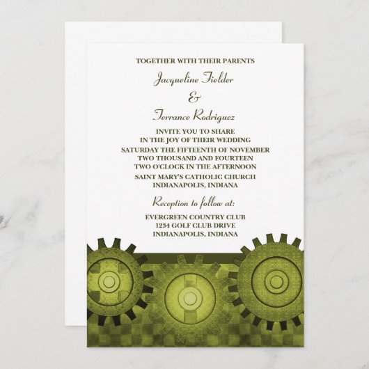 Steampunk Gears Wedding Invite, Green Kaart (Voorkant / Achterkant)