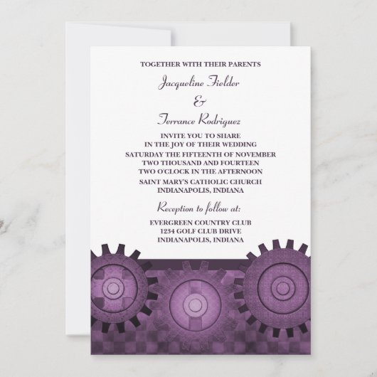 Steampunk Gears Wedding Invite, Paars Kaart (Voorkant)