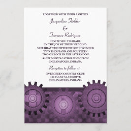 Steampunk Gears Wedding Invite, Paars Kaart