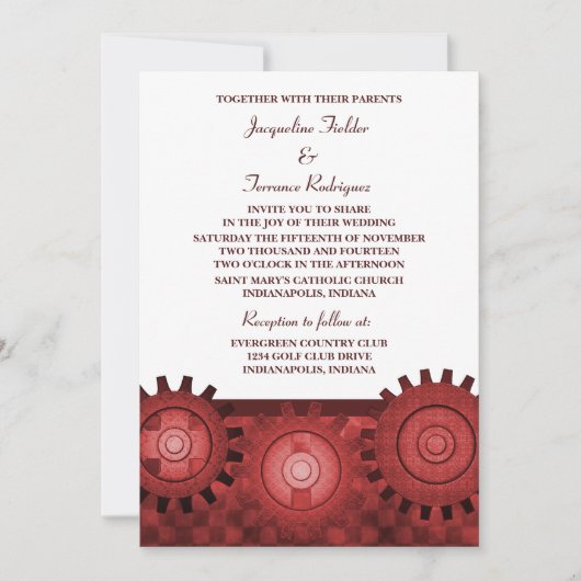 Steampunk Gears Wedding Invite, Red Kaart (Voorkant)